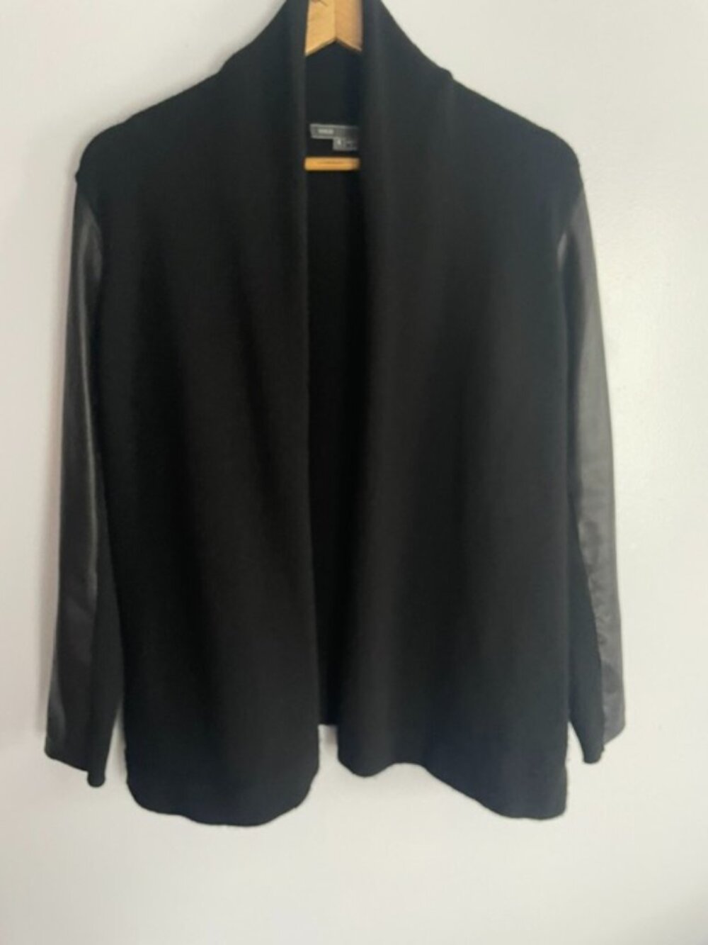 Vince. Black wool/yak cardigan sweater with Lambskin sleeves. Size small.